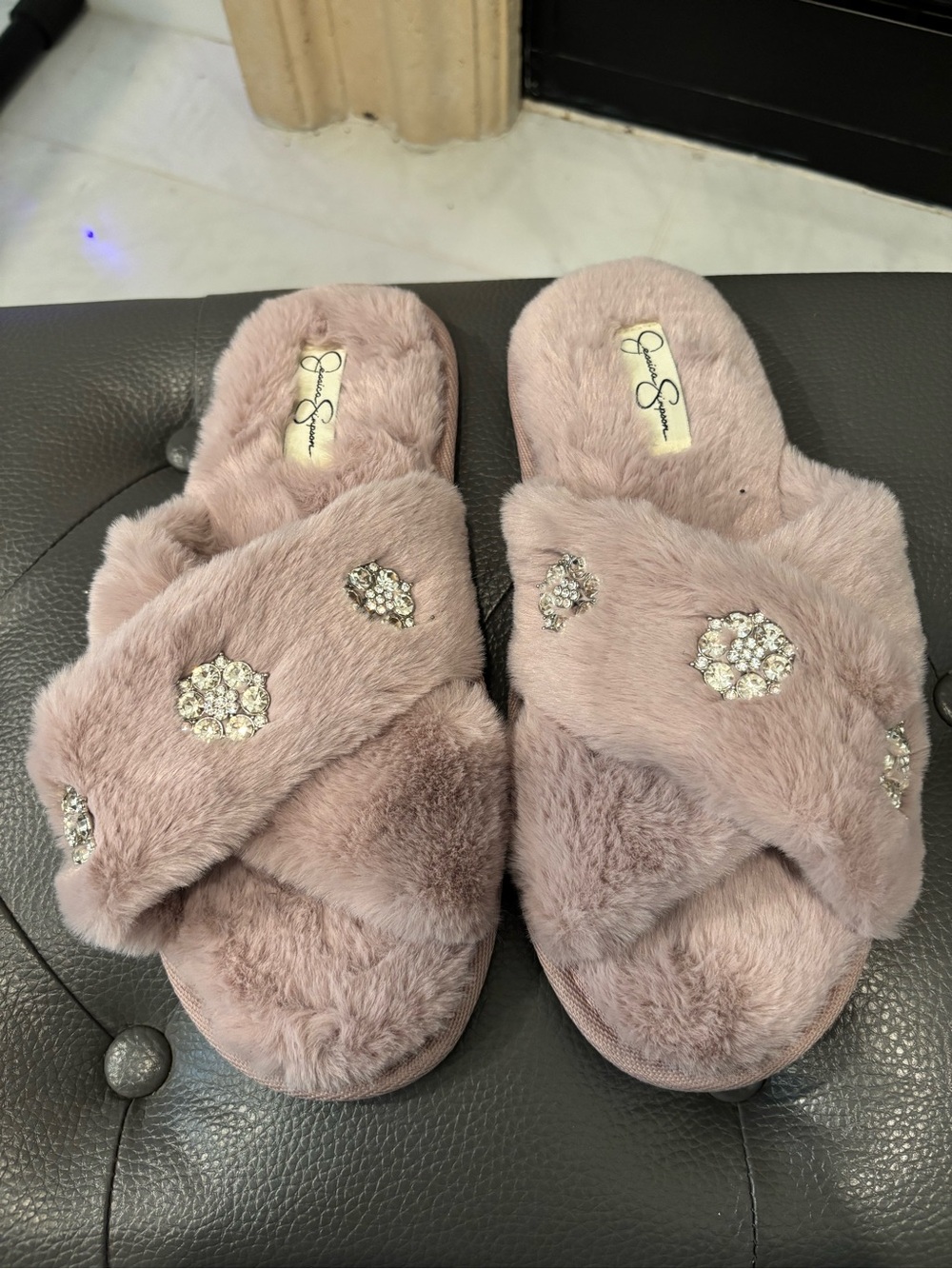 Jessica Simpson Blush Faux-Fur Crystal Slide Slippers